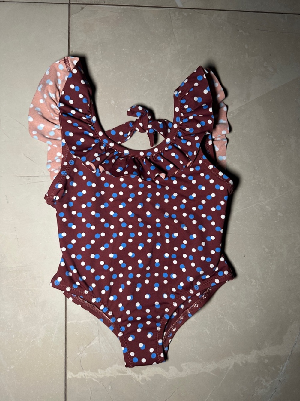 Eberjey Kids One-Piece Swimsuit in Burgundy with Blue and White Polka Dots